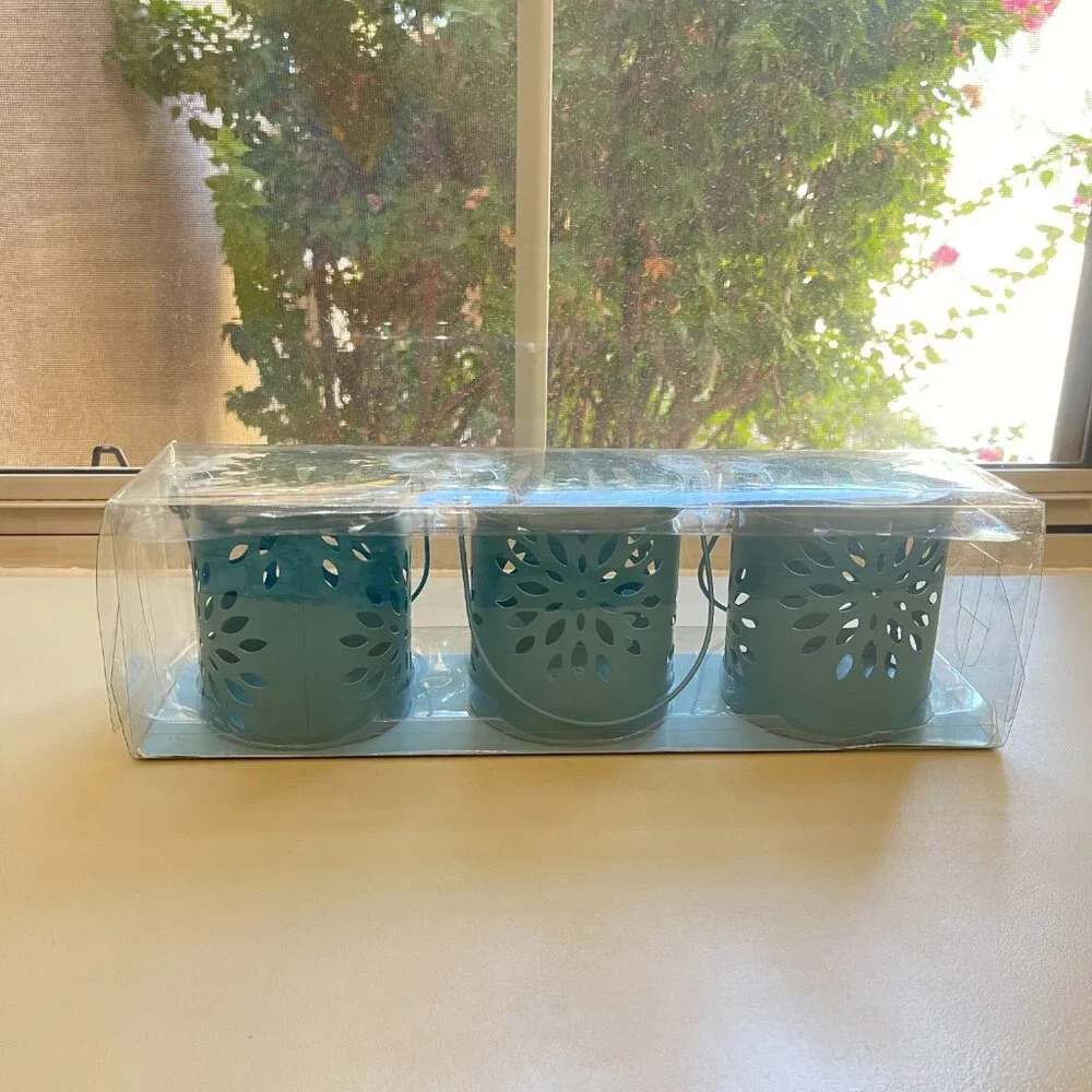 New Pier 1 Tea Light Holders Set of 3 Metal with Handle Teal Turquoise Blue